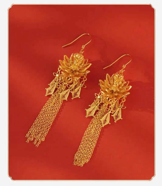 925 silver earrings long retro Gongyan style handmade filigree lotus tassel gilt earrings